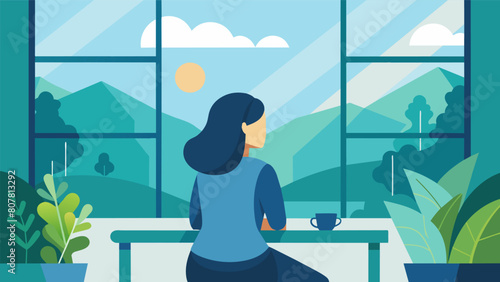 A woman gazing out the window with a peaceful expression on her face as she relaxes in the tranquil natureinspired quiet room at her corporate. Vector illustration