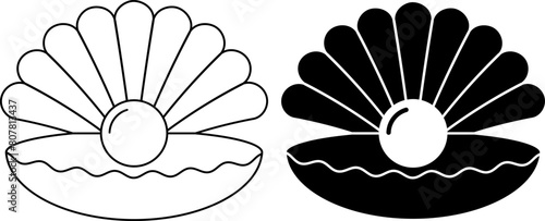 outline silhouette seashell with pearl icon set