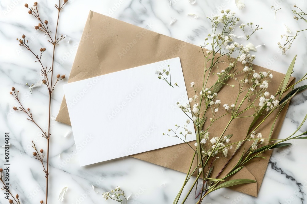 Envelopes with flowers on a marble surface. Mockup background Envelopes with flowers on a marble surface. Mockup background
