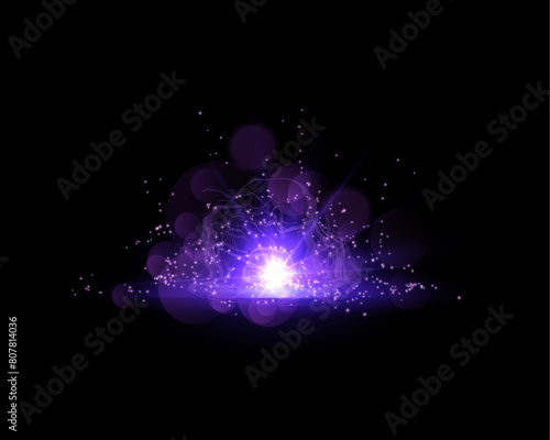 Magic burst, purple glow sparkling light motion effect vector, bright star dust sparks in explosion horizon on black