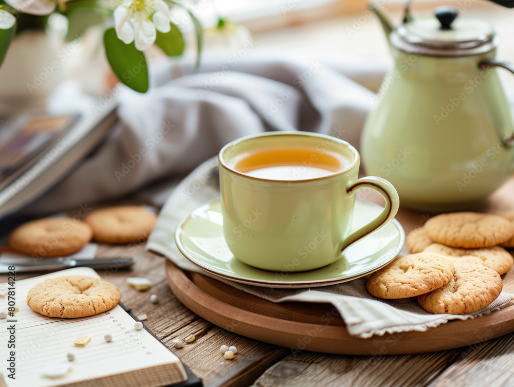 A lime-colored cup and kettle sit on a wooden table alongside cookies and a notebook. A lime-colored cup and kettle sit on a wooden table alongside cookies and a notebook.