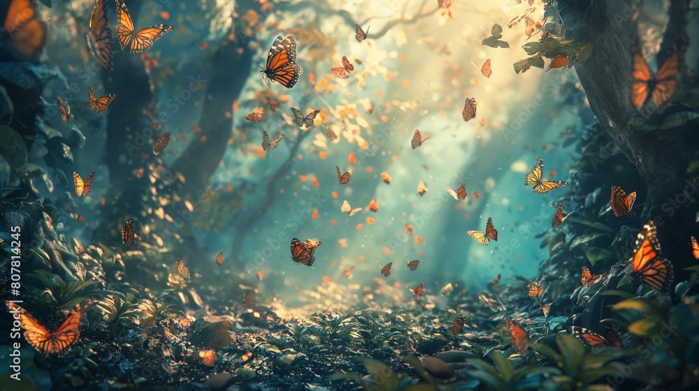 a painting of a forest filled with butterflies, a matte painting deviantart, fantasy art, enchanting, fantasy, mystical