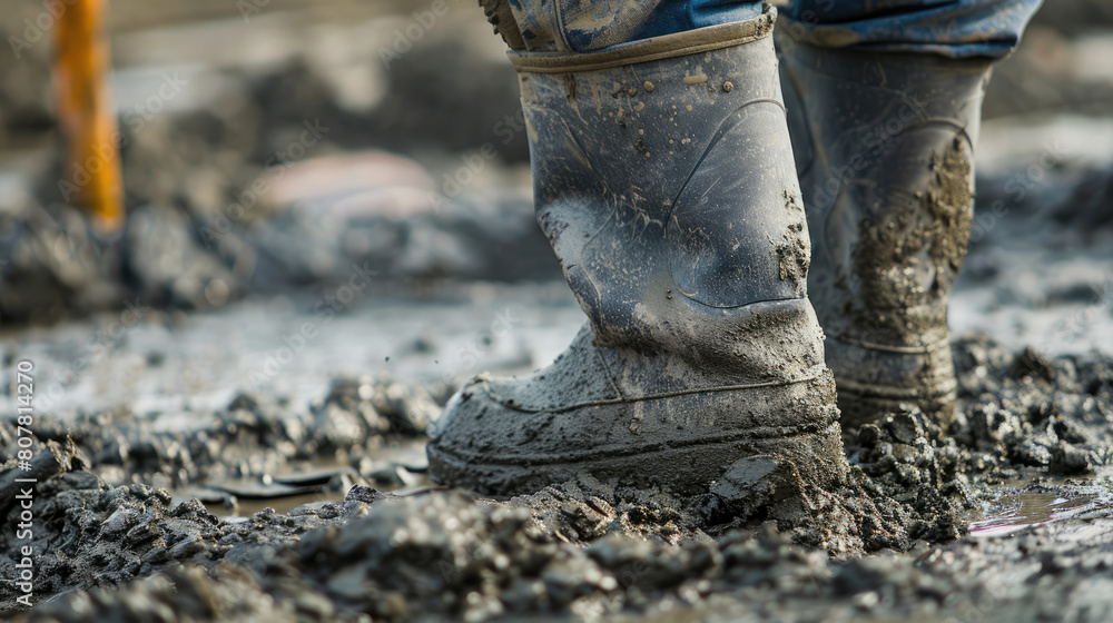Person in muddied rubber boots walks on grey asphalt Person in muddied rubber boots walks on grey asphalt