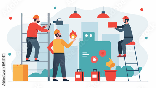 In the final stages of the installation workers are diligently labeling and marking all components of the fire safety system for easy identification. Vector illustration