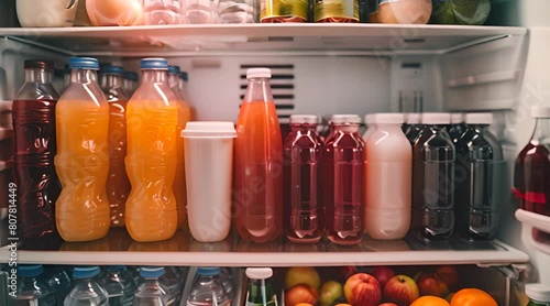 A well-stocked refrigerator filled with an assortment of beverages including juices, milk, and sodas arranged neatly on shelves. The fridge is open displaying colorful bottles and cartons, suggesting  photo