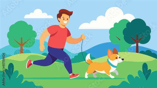 An easy jogger takes in the sights and sounds of a park their playful corgi bouncing excitedly by their side.. Vector illustration