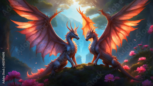 Two dragons stand peacefully facing each other