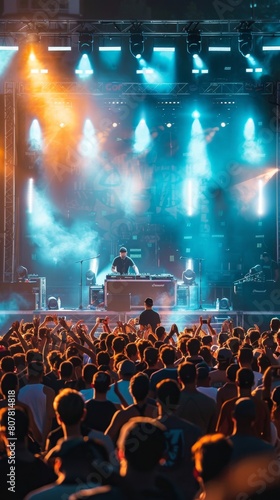 Crowd of people watching a dj performing on stage at a concert. Vertical background 