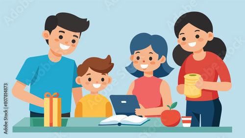 A family sitting around a table with the parents explaining to their children about the importance of saving early for their education while also. Vector illustration