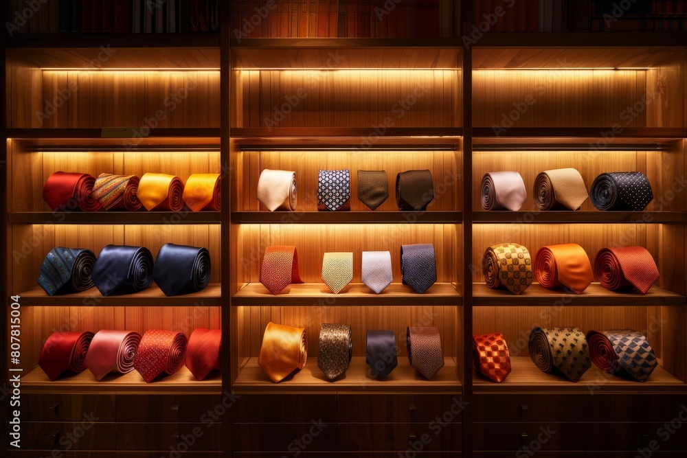 118 elegant plain silk ties meticulously folded, arranged on a luxury mahogany wood display in 9 rows and 12 columns, softly lit by warm, nurturing light, evoking the feel of a high-end store 118 elegant plain silk ties meticulously folded, arranged on a luxury mahogany wood display in 9 rows and 12 columns, softly lit by warm, nurturing light, evoking the feel of a high-end store