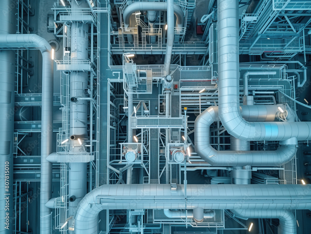 A specialized industrial area for oil and gas production displaying machinery used in refining oil. Focus on pipelines in a refinery, revealing the complex network of pipes and valves in the large-sca A specialized industrial area for oil and gas production displaying machinery used in refining oil. Focus on pipelines in a refinery, revealing the complex network of pipes and valves in the large-sca