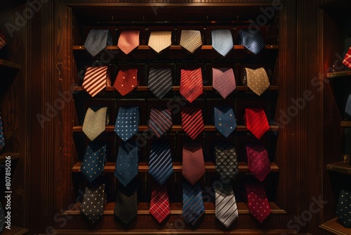 118 elegant plain silk ties meticulously folded, arranged on a luxury mahogany wood display in 9 rows and 12 columns, softly lit by warm, nurturing light, evoking the feel of a high-end store