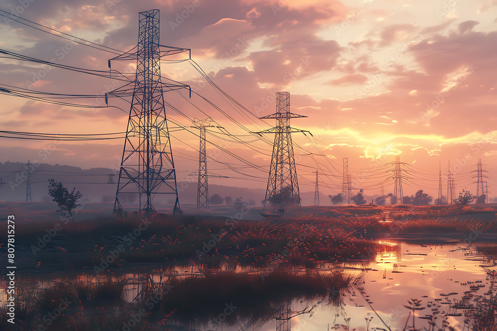 A network of transmission lines stretches across the landscape, conveying energy with towers and cables against a clear sky. A network of transmission lines stretches across the landscape, conveying energy with towers and cables against a clear sky.