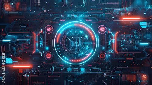 A digital composition depicting a space filled with glowing line and geometric shape patterns. For designing backdrops, websites, posters, illustrations, patterns, science fiction, future worlds.
