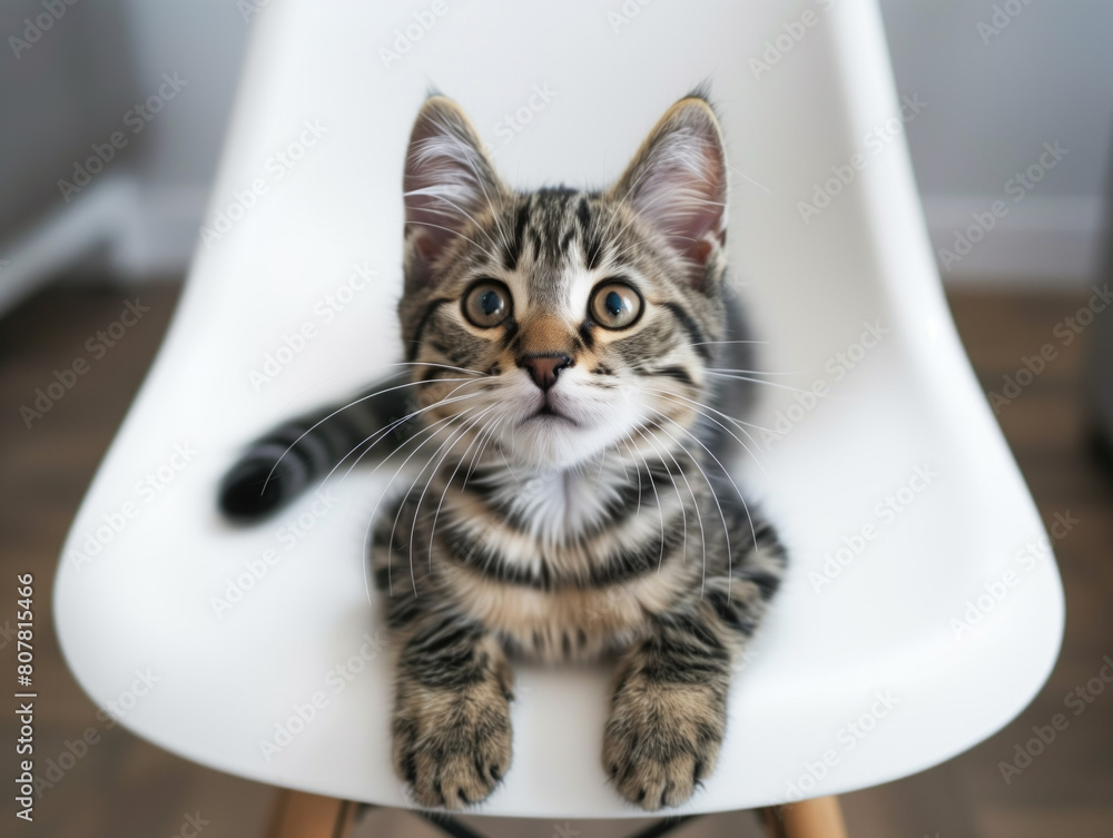 A beautiful  straight-eared cat with tiger stripes sits on a white chair, gazing up at the camera for a captivating portrait.