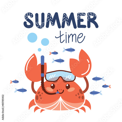 Vector summer illustration with a cute crab in a scuba diving mask. A postcard with the underwater world and the inscription - summer time. Graphic children's print