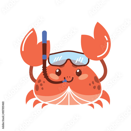 Vector summer illustration with a cute crab in a scuba diving mask. Graphic children's print isolated on a white background