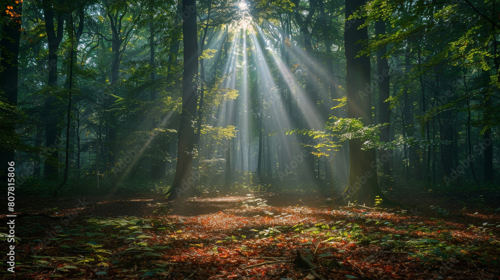 Fototapeta premium Sunbeams piercing through the trees and illuminating the forest floor, creating a tranquil atmosphere with dappled light and shadows. Beams of light break through dense tree cover