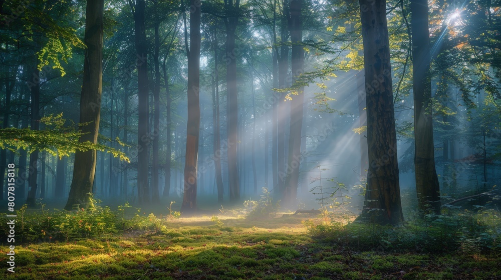 Fototapeta premium Bright shafts of sunlight pass through mist-laden trees, creating a mesmerizing interplay of light and shadow across the forest floor