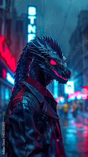 Dragon, futuristic armor, cyborg dragon guarding a crystal in a neon-lit cyberpunk city, dark clouds looming overhead, 3D render, backlighting, lens flare, Close-up shot © Jiraphiphat