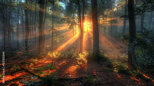 Golden beams of sunlight piercing through trees  illuminating a misty forest at sunrise  creating a warm and magical atmosphere.