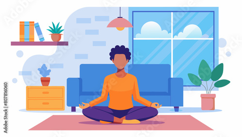 In a cozy living room a person sits with eyes closed listening to a guided meditation to cultivate gratitude and mindfulness in their everyday life.. Vector illustration