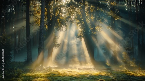 Towering trees are bathed in ethereal sunlight  casting dramatic beams across the mist-covered forest floor in a breathtaking