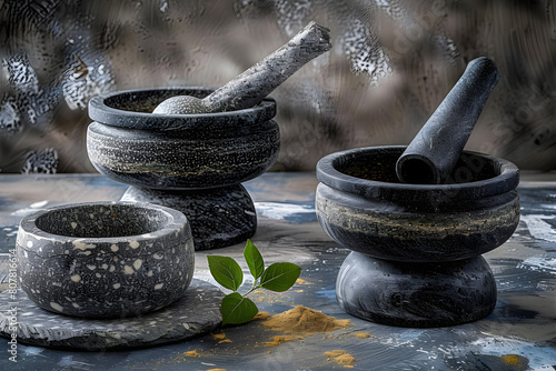 Three stone bowls, a mortar and pestle set