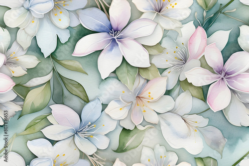 A seamless pattern of watercolor wispy flowers and leaves.