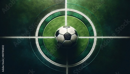 Grafik Anstoss, Fußball in der Mitte eines grünen Feldes, copy space photo