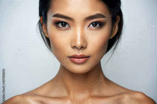 Flawless and Confident Asian Woman Close-Up Portrait on White Studio Background