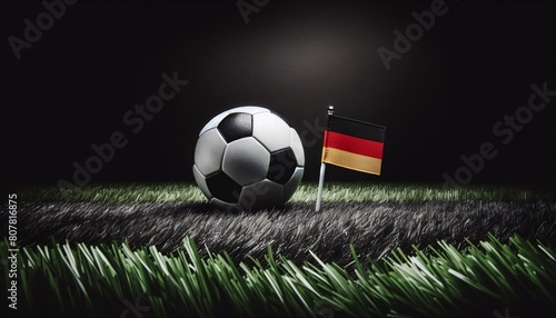Fußball mit Deutschlandfahne auf einem Rasenplatz, copy space