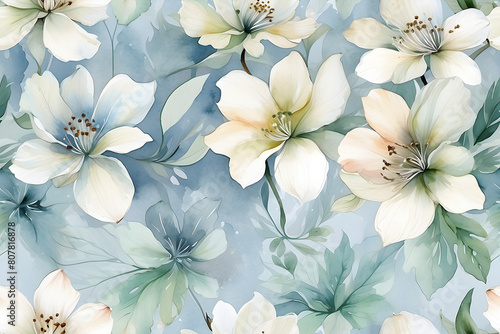 A seamless pattern of watercolor wispy flowers and leaves.