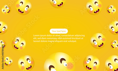 Funny emojis on yellow gradient background. Smiling emoji banner. Yellow face emoji vector illustration.