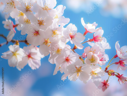 Beautiful cherry blossoms and vibrant flowers against a clear blue sky  perfect for banners or a romantic setting. The panoramic view allows for text or other elements to be added.