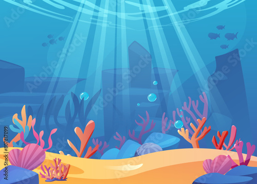 Vector illustration of seabed featuring sandy, vibrant corals, rocks, and a variety of fish photo