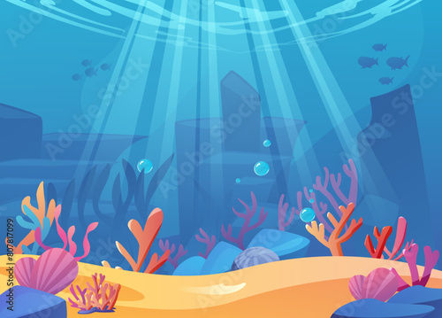 Vector illustration of seabed featuring sandy, vibrant corals, rocks, and a variety of fish