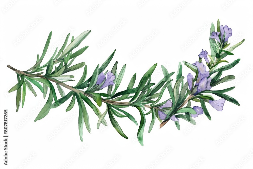 Fototapeta premium Watercolor illustration of rosemary with purple flowers 