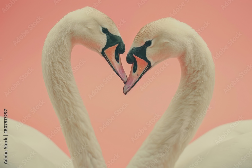 Naklejka premium Two swans forming a heart shape on a pink background. Romantic wildlife photography. Love and valentine concept. Design for greeting cards, invitations.