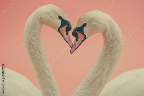 Two swans forming a heart shape on a pink background. Romantic wildlife photography. Love and valentine concept. Design for greeting cards, invitations.