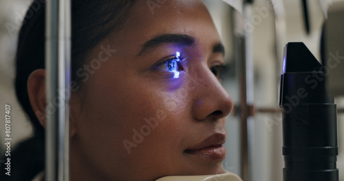 Obraz na płótnie Closeup, woman or slit lamp in ophthalmology, eye exam or medical service in private clinic