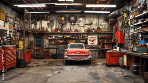 A classic red vintage car parked inside an atmospheric old garage filled with automotive memorabilia.
