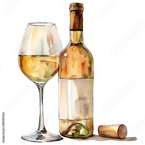 Watercolor Painting of White Wine Glass and Bottle