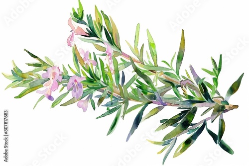 Watercolor illustration of rosemary with purple flowers
