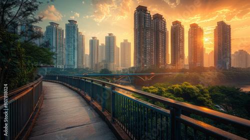 Golden sunset casting a warm glow over a modern cityscape  viewed from a serene river walkway.