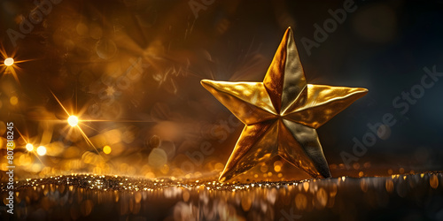 Golden Star Trophy Symbolizing Aspiration Amidst Shimmering Sparks, Enchanting Christmas Snow Bokeh Lights with Golden Star Candle Decor