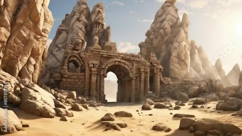 Abstract animation of stone ruins in the sand. Rocks, mountains, stony building, ancient architecture, sun rays, оазис, mysticism, gates, arch, passage, old structure. photo