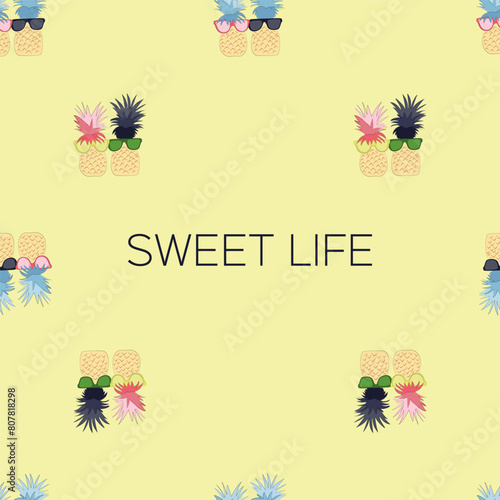 Fashion tropics funny wallpapers. Seamless pattern with pineapples in sunglasses and sweet life text on yellow background. Nostalgic background from 2000s, retro style design
