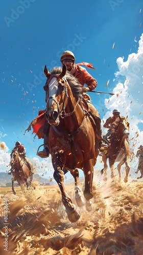 Wallpaper Mural a captivating horse racing game wallpaper featuring riders on running horses against a backdrop of a clear blue sky. Game art design Torontodigital.ca