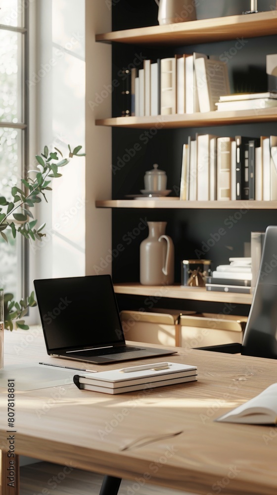 Laptop computer sitting on a wooden desk in front of a window. Vertical background Laptop computer sitting on a wooden desk in front of a window. Vertical background